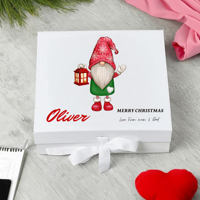 Personalised Oliver Christmas Keepsake Box With Santa Gnome