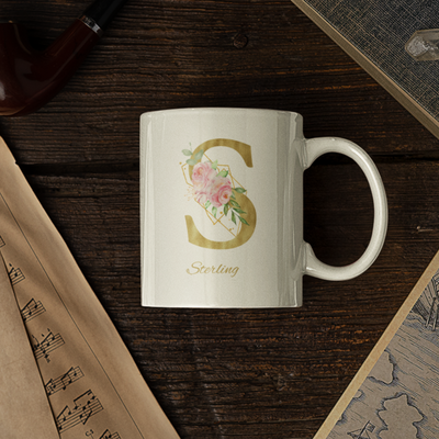 Floral  Gold Name Ceramic Mug - Gift For Her - Personalised Mug