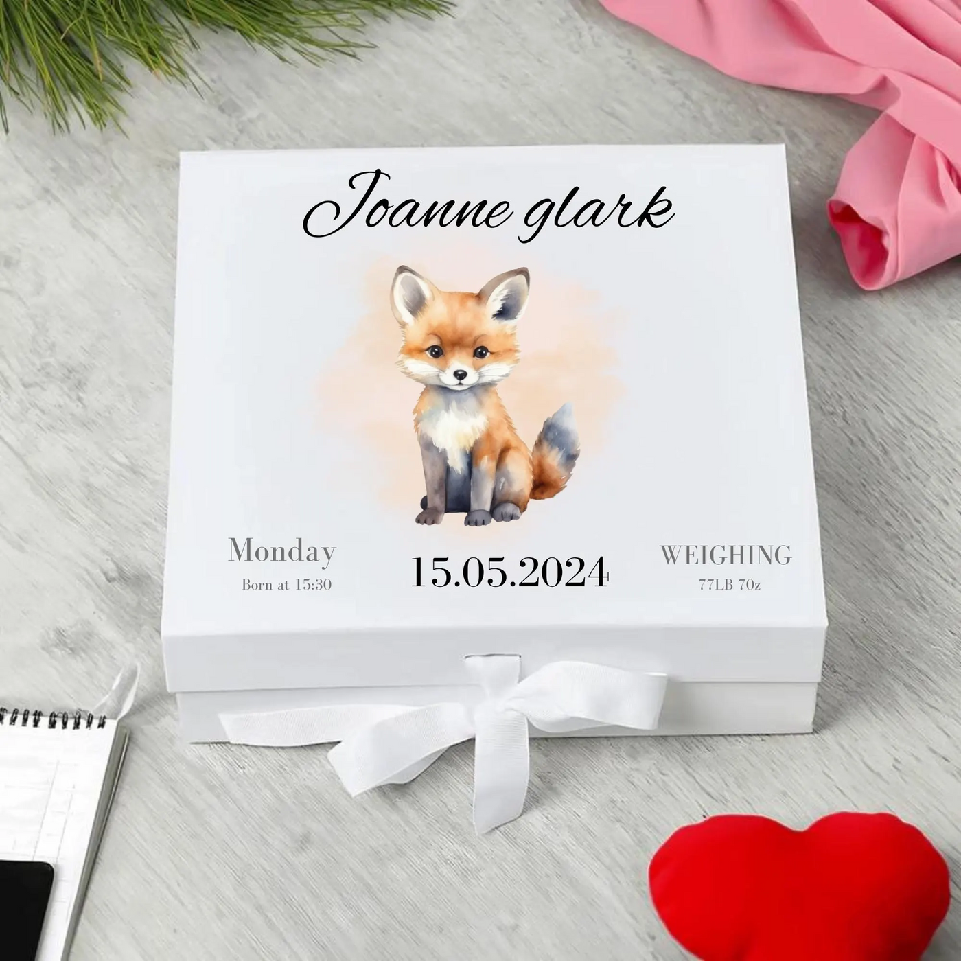 Personalised Baby Keepsake Box Fox Memory Gift for Newborn & Baby Shower, Custom Name,Date