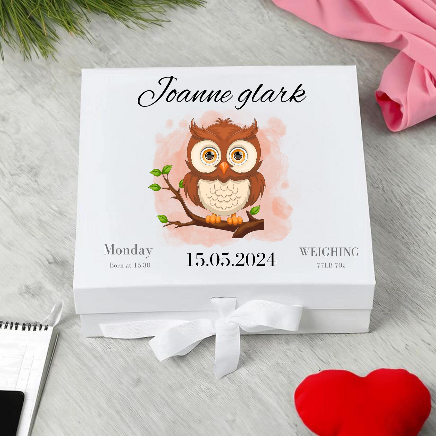 Personalised Baby Keepsake Box Owl Memory Gift for Newborn & Baby Shower, Custom Name,Date