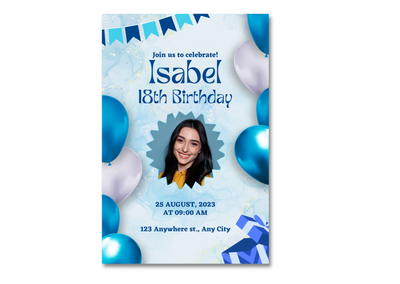 Blue White balloons Birthday Photo Invitation Card