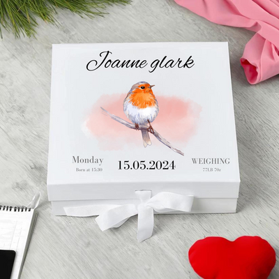 Personalised Baby Keepsake Box Robin Memory Gift for Newborn & Baby Shower, Custom Name,Date