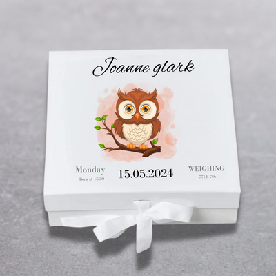 Personalised Baby Keepsake Box Owl Memory Gift for Newborn & Baby Shower, Custom Name,Date