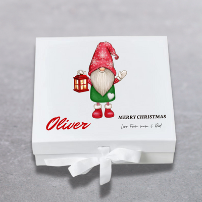 Personalised Oliver Christmas Keepsake Box With Santa Gnome