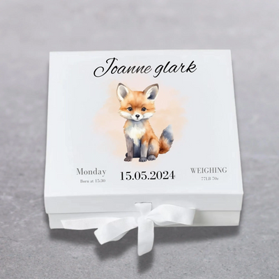 Personalised Baby Keepsake Box Fox Memory Gift for Newborn & Baby Shower, Custom Name,Date