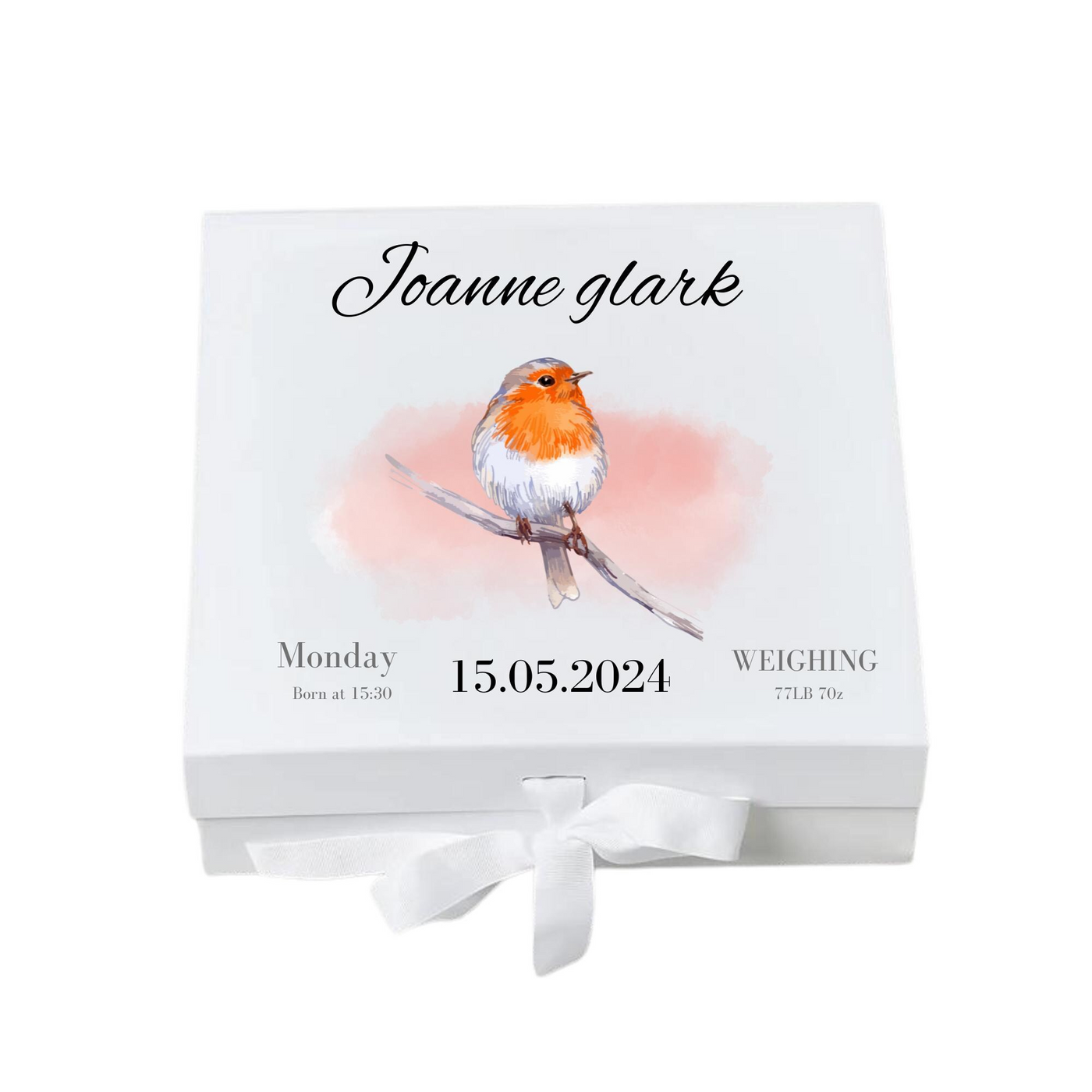 Personalised Baby Keepsake Box Robin Memory Gift for Newborn & Baby Shower, Custom Name,Date