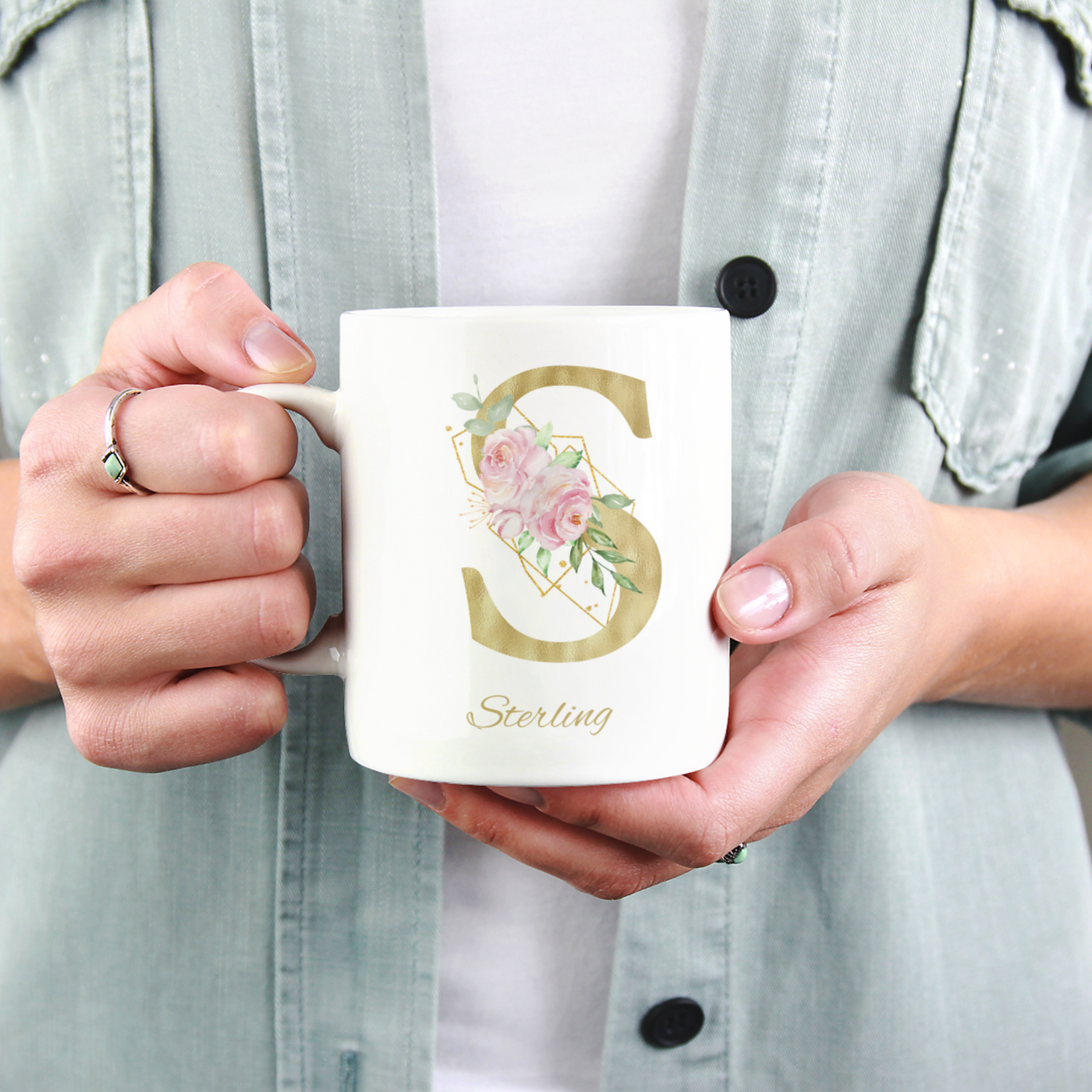 Floral  Gold Name Ceramic Mug - Gift For Her - Personalised Mug