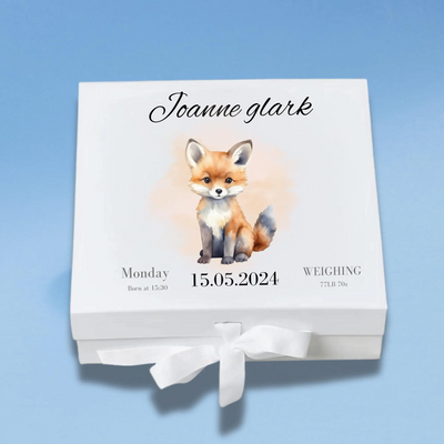 Personalised Baby Keepsake Box Fox Memory Gift for Newborn & Baby Shower, Custom Name,Date