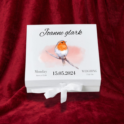 Personalised Baby Keepsake Box Robin Memory Gift for Newborn & Baby Shower, Custom Name,Date