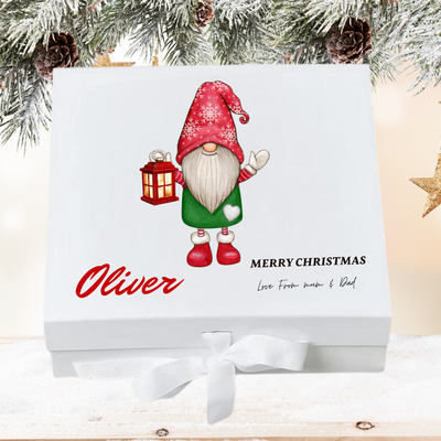 Personalised Oliver Christmas Keepsake Box With Santa Gnome