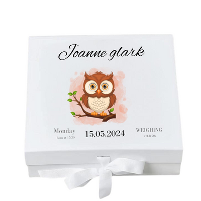 Personalised Baby Keepsake Box Owl Memory Gift for Newborn & Baby Shower, Custom Name,Date