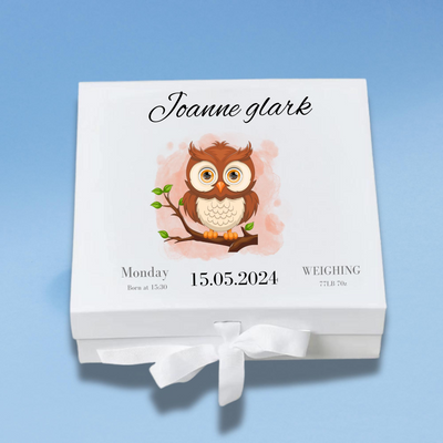 Personalised Baby Keepsake Box Owl Memory Gift for Newborn & Baby Shower, Custom Name,Date