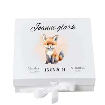 Personalised Baby Keepsake Box Fox Memory Gift for Newborn & Baby Shower, Custom Name,Date