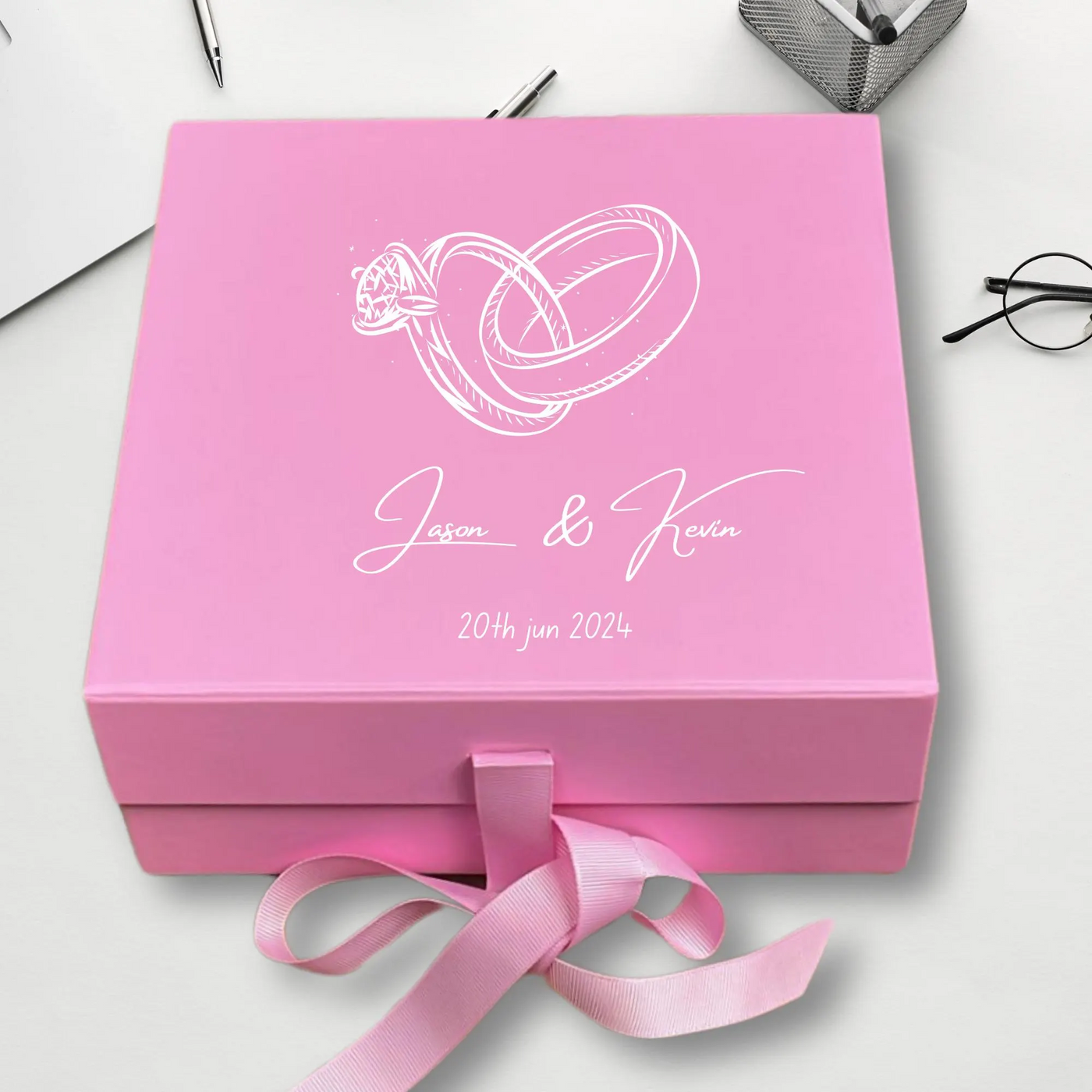 Personalized Wedding Rings Keepsake Box - Custom Pink Memory Gift