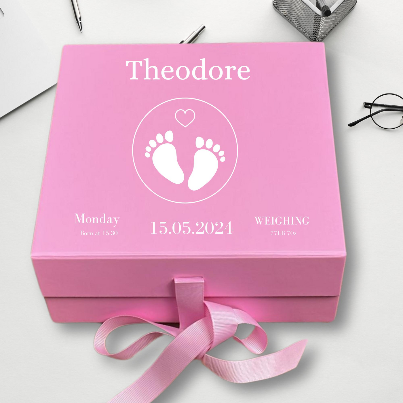 Personalized Baby Keepsake Pink Box Memory Gift for Newborn & Baby Shower, Custom Name,Date. Perfect for Baby Gifts!