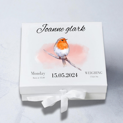 Personalised Baby Keepsake Box Robin Memory Gift for Newborn & Baby Shower, Custom Name,Date