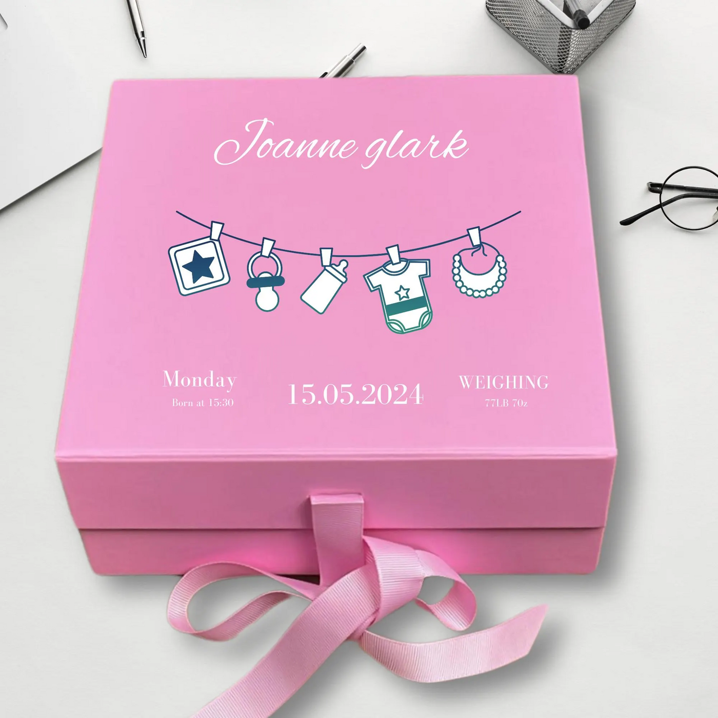 Personalized Baby Keepsake Pink Box Memory Gift for Newborn & Baby Shower, Custom Name,Date. Perfect for Baby Gifts!