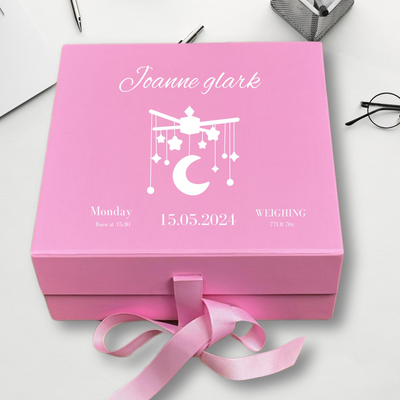 Personalized Baby Keepsake Pink Box Memory Gift for Newborn & Baby Shower, Custom Nfts!ame,Date.