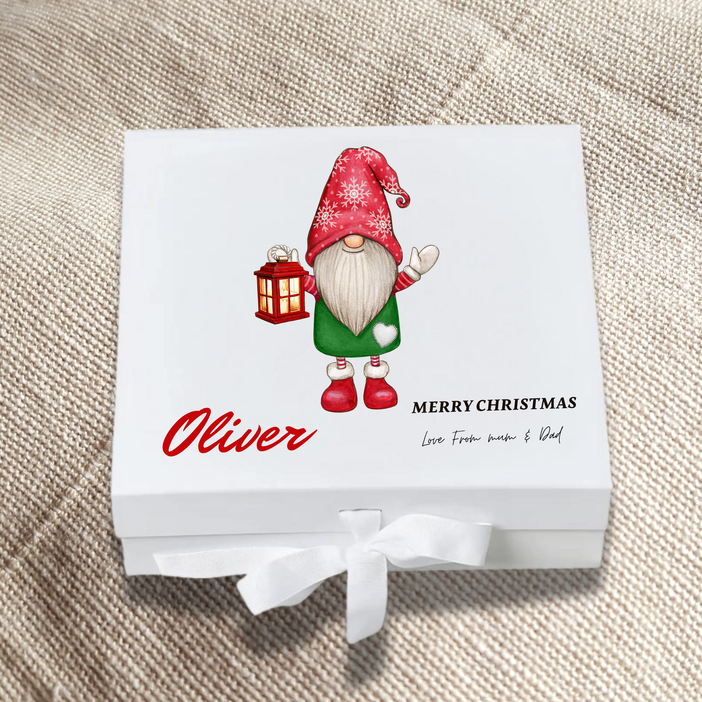 Personalised Oliver Christmas Keepsake Box With Santa Gnome