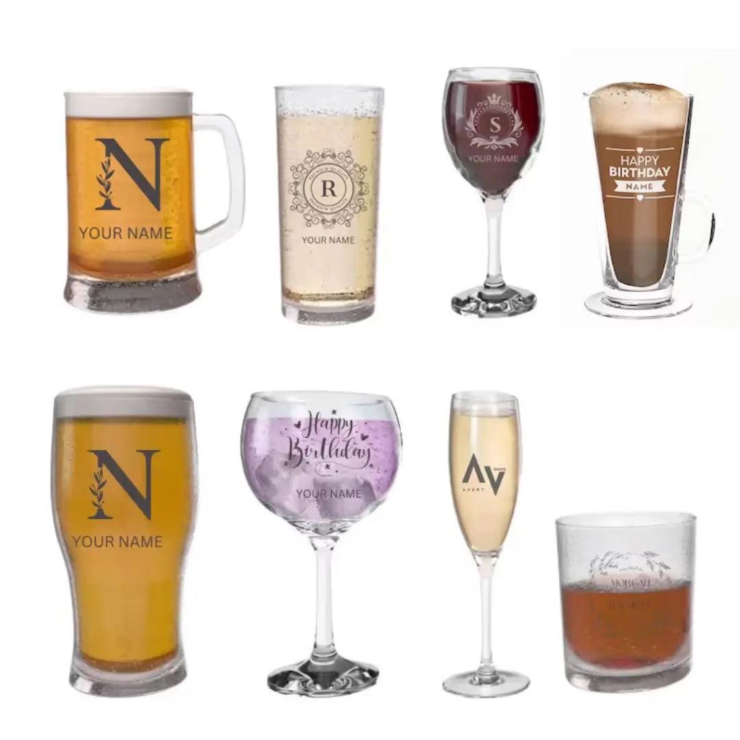 Personalized Glassware: Multiple Designs – Custom Wine, Beer, Whiskey, Champagne, & More