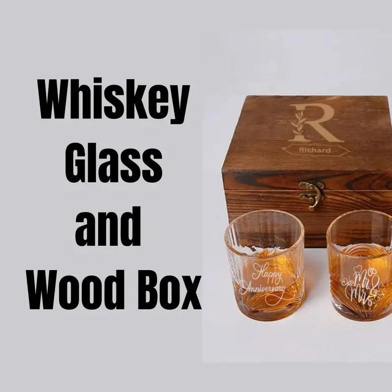 Custom Whiskey Glass Set with Whiskey Stones and Wood Box, Christmas gift, Engraved.