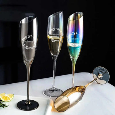 Golden,Clear, Grey and rainbow Coloured Champagne Flutes Glass Coloured Drinkware Gift.