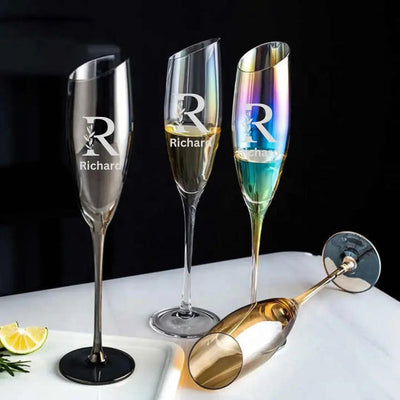 Golden,Clear, Grey and rainbow Coloured Champagne Flutes Glass Coloured Drinkware Gift.