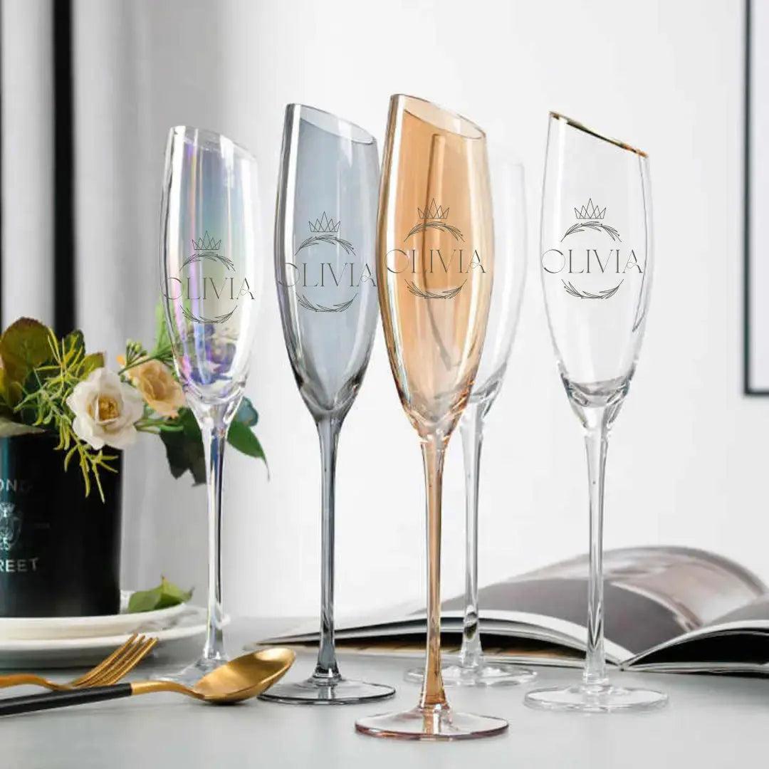 Golden,Clear, Grey and rainbow Coloured Champagne Flutes Glass Coloured Drinkware Gift.