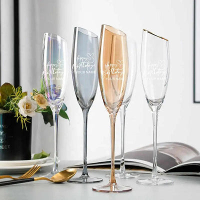 Golden,Clear, Grey and rainbow Coloured Champagne Flutes Glass Coloured Drinkware Gift.