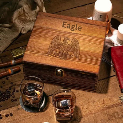 Custom Whiskey Glass Set with Whiskey Stones and Wood Box, Christmas gift, Engraved.