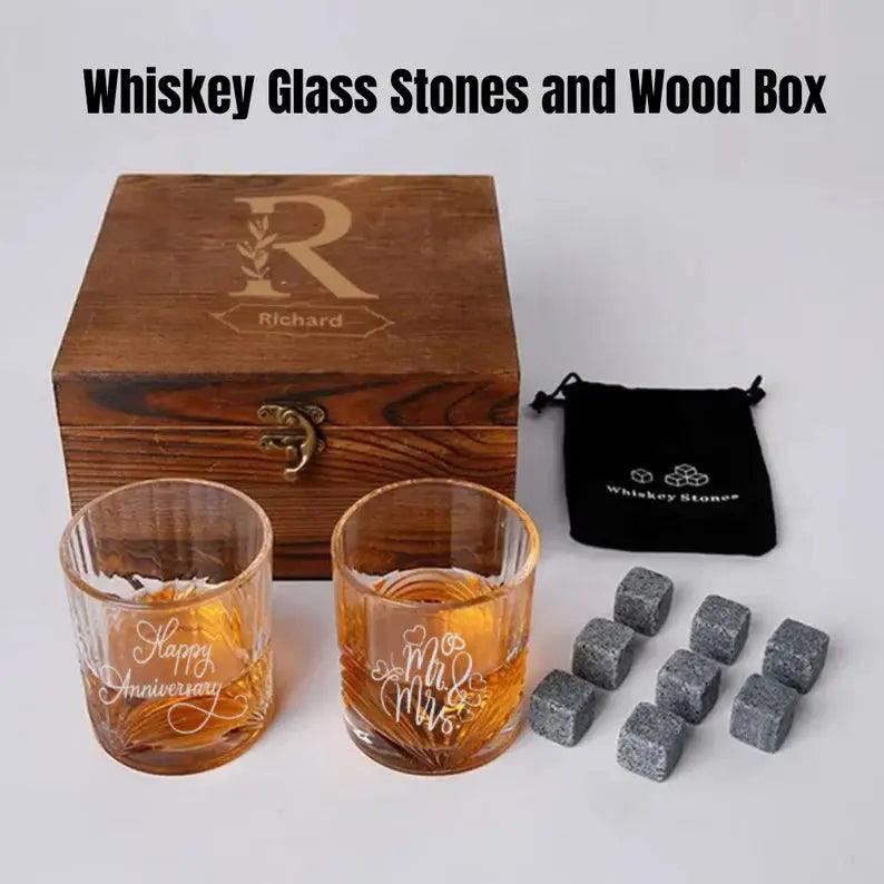 Custom Whiskey Glass Set with Whiskey Stones and Wood Box, Christmas gift, Engraved.