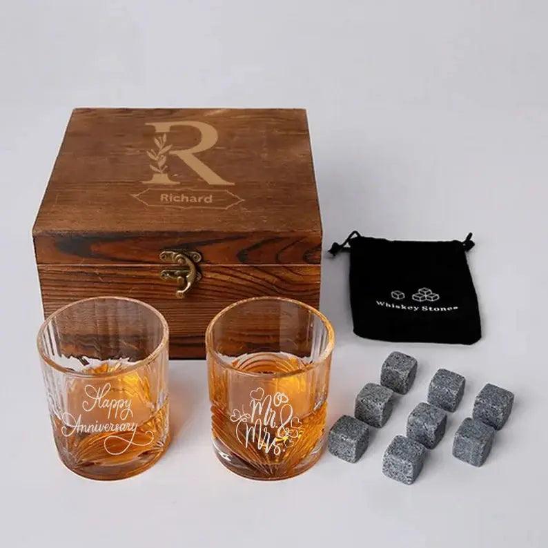 Custom Whiskey Glass Set with Whiskey Stones and Wood Box, Christmas gift, Engraved.